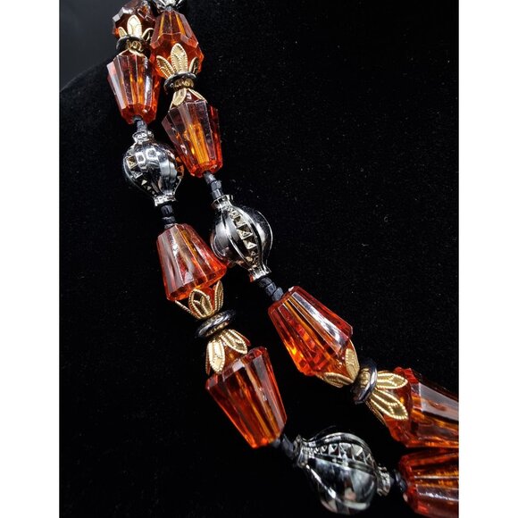 Vintage West Germany Signed Amber Glass & Gold-Tone Bead Necklace & Earrings Set - Picture 5 of 7